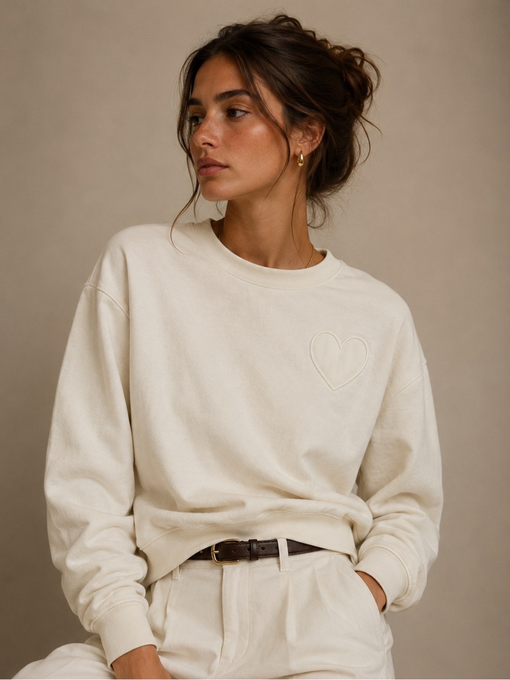 Z Supply Heart Sweatshirt Cream Cozy Lounge Pullover Minimalist Size L
